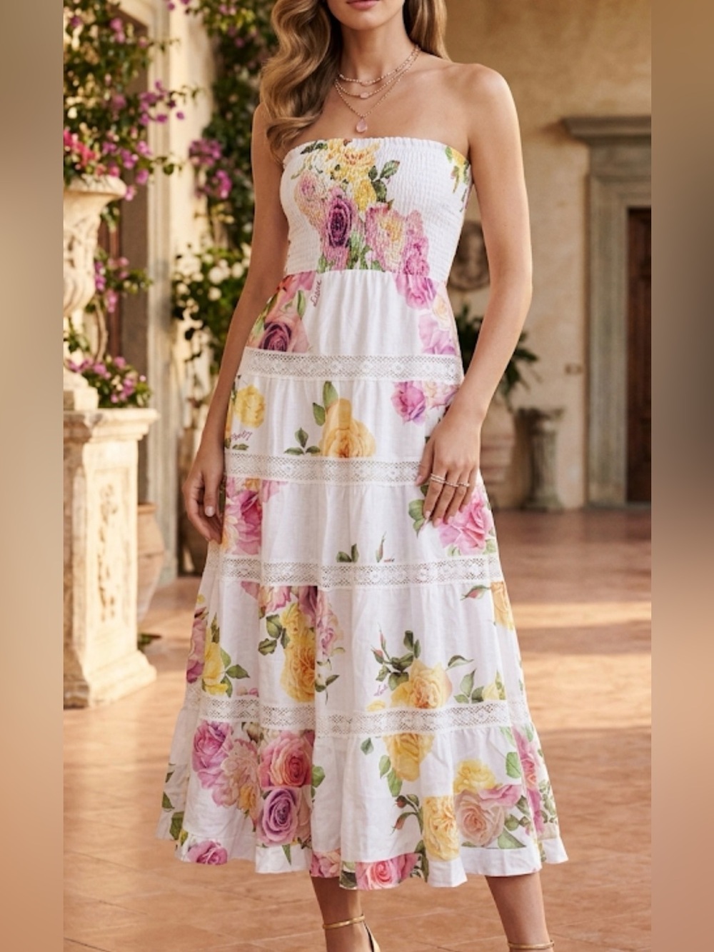Luisa Made in Italy Floral Linen Smocked Midi Dress Strapless Lace Tiered White